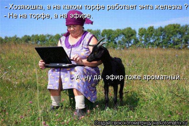 Котоматрица: - Хозяюшка, а на каком торфе работает энта железка ? - Не на торфе, а на эфире. - А, ну да, эфир тоже ароматный....