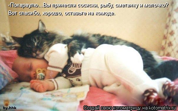 Котоматрица: -Покараулю...Вы принесли сосиски, рыбу, сметанку и молочко? Вот спасибо, хорошо, оставьте на комоде.