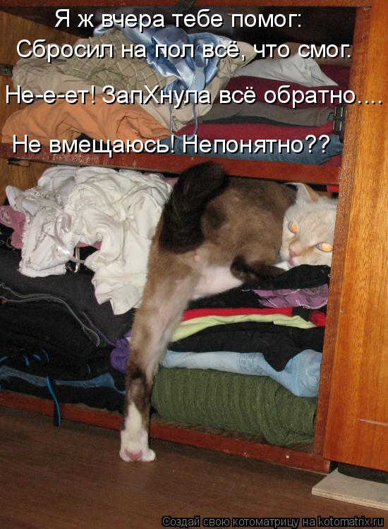 Я ж вчера тебе помог: Сбросил на пол всё, что смог. Не-е-ет! ЗапХнула всё обратно.... Не вмещаюсь! Не... Котоматрица: Я ж вчера тебе помог: Сбросил на пол всё, что смог. Не-е-ет! ЗапХнула всё обратно.... Не вмещаюсь! Непонятно??