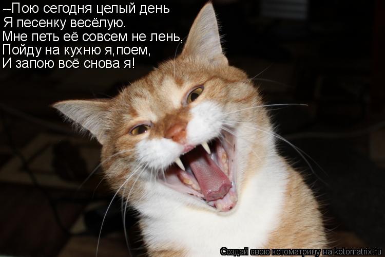 --Пою сегодня целый день Я песенку весёлую. Мне петь её совсем не лень, Пойду на кухню я,поем, И запо... Котоматрица: --Пою сегодня целый день Я песенку весёлую. Мне петь её совсем не лень, Пойду на кухню я,поем, И запою всё снова я!