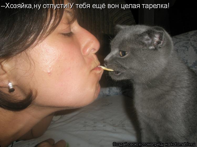 --Хозяйка,ну отпусти!У тебя ещё вон целая тарелка!... Котоматрица: --Хозяйка,ну отпусти!У тебя ещё вон целая тарелка!