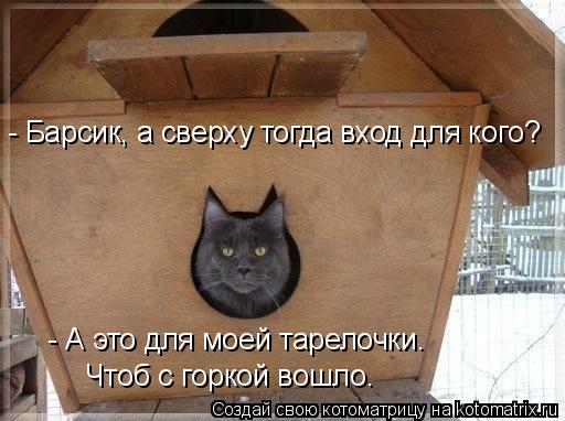 - Барсик, а сверху тогда вход для кого? - А это для моей тарелочки. Чтоб с горкой вошло.... Котоматрица: - Барсик, а сверху тогда вход для кого? - А это для моей тарелочки. Чтоб с горкой вошло.