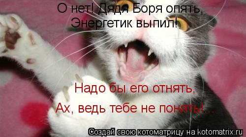 О нет! Дядя Боря опять, Энергетик выпил! Надо бы его отнять, Ах, ведь тебе не понять!...... Котоматрица: О нет! Дядя Боря опять, Энергетик выпил! Надо бы его отнять, Ах, ведь тебе не понять!...