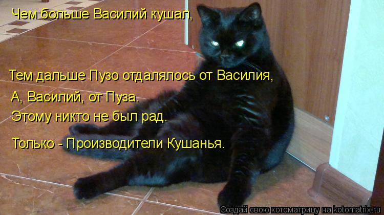 Котоматрица: Чем больше Василий кушал, Тем дальше Пузо отдалялось от Василия, А, Василий, от Пуза. Этому никто не был рад. Только - Производители Кушанья.