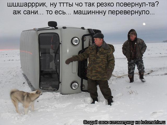 шшшарррик, ну ттты чо так резко повернул-та? аж сани... то есь... машиннну перевернуло...... Котоматрица: шшшарррик, ну ттты чо так резко повернул-та? аж сани... то есь... машиннну перевернуло...