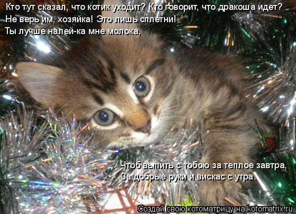 Кто тут сказал, что котик уходит? Кто говорит, что дракоша идет? Не верь им, хозяйка! Это лишь сплетн... Котоматрица: Кто тут сказал, что котик уходит? Кто говорит, что дракоша идет? Не верь им, хозяйка! Это лишь сплетни! Ты лучше налей-ка мне молока, Чтоб выпит