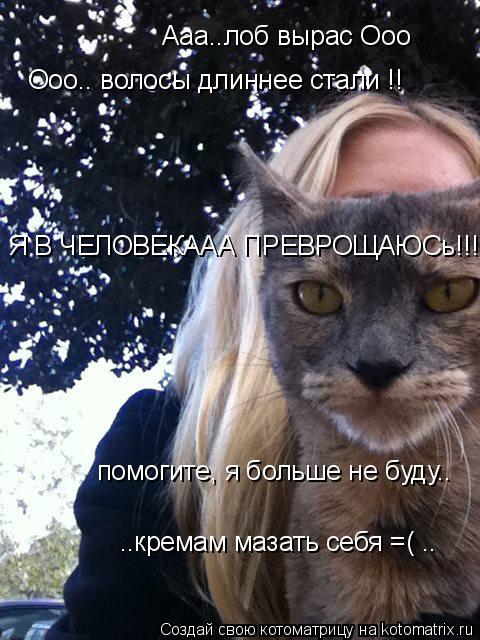Котоматрица: Ааа..лоб вырас Ооо Ооо.. волосы длиннее стали !! Я В ЧЕЛОВЕКААА ПРЕВРОЩАЮСь!!!..  помогите, я больше не буду.. ..кремам мазать себя =( ..