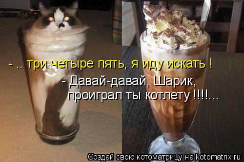 - .. три четыре пять, я иду искать ! - Давай-давай, Шарик, проиграл ты котлету !!!!...... Котоматрица: - .. три четыре пять, я иду искать ! - Давай-давай, Шарик, проиграл ты котлету !!!!...