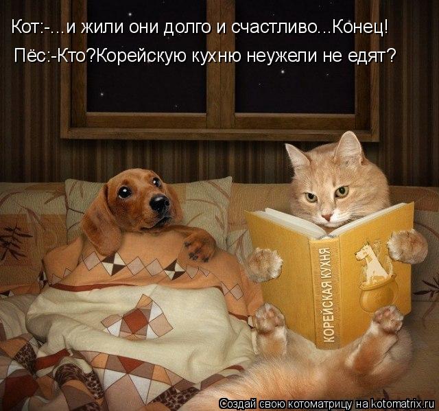 Кот:-...и жили они долго и счастливо...Конец! Пёс:-Кто?Корейскую кухню неужели не едят?... Котоматрица: Кот:-...и жили они долго и счастливо...Конец! Пёс:-Кто?Корейскую кухню неужели не едят?