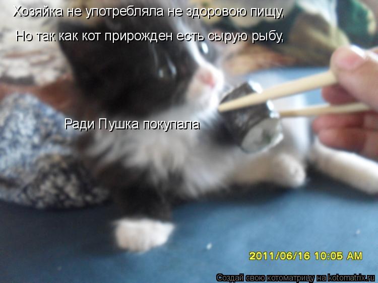 Хозяйка не употребляла не здоровою пищу, Но так как кот прирожден есть сырую рыбу, Ради Пушка покупал... Котоматрица: Хозяйка не употребляла не здоровою пищу, Но так как кот прирожден есть сырую рыбу, Ради Пушка покупала
