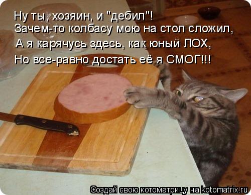 Зачем-то колбасу мою на стол сложил, А я карячусь здесь, как юный ЛОХ, А я карячусь здесь, как юный Л... Котоматрица: Зачем-то колбасу мою на стол сложил, А я карячусь здесь, как юный ЛОХ, А я карячусь здесь, как юный ЛОХ, Но все-равно достать её я СМОГ!!! Ну ты, х