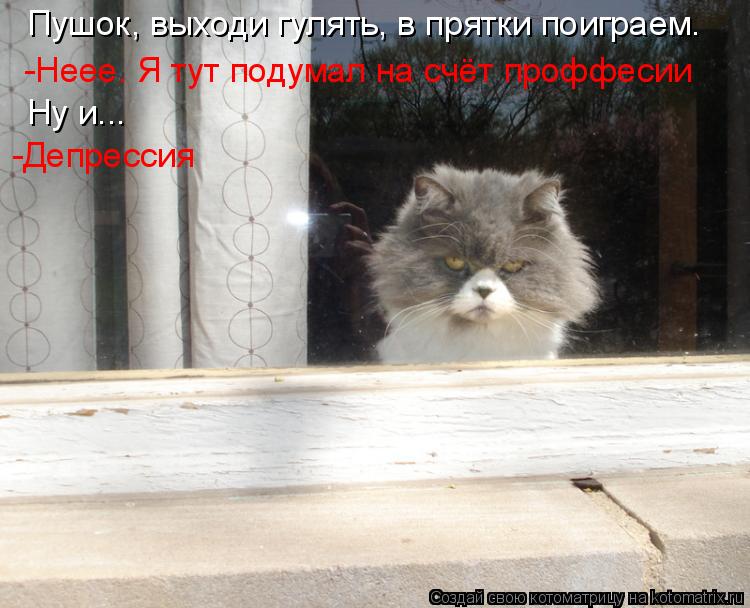 Пушок, выходи гулять, в прятки поиграем. -Неее. Я тут подумал на счёт проффесии Ну и... -Депрессия... Котоматрица: Пушок, выходи гулять, в прятки поиграем. -Неее. Я тут подумал на счёт проффесии Ну и... -Депрессия