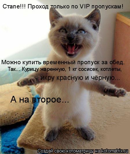 Стапе!!! Проход только по VIP пропускам! Можно купить временный пропуск за обед. Так... Курицу жаренн... Котоматрица: Стапе!!! Проход только по VIP пропускам! Можно купить временный пропуск за обед. Так... Курицу жаренную, 1 кг сосисек, котлеты, икру красную и чёр