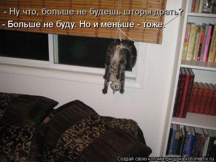 - Ну что, больше не будешь шторы драть? - Больше не буду. Но и меньше - тоже.... Котоматрица: - Ну что, больше не будешь шторы драть? - Больше не буду. Но и меньше - тоже.