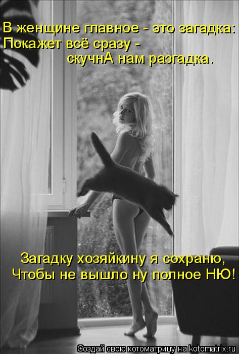 Загадку хозяйкину я сохраню, Чтобы не вышло ну полное НЮ! В женщине главное - это загадка: Покажет вс... Котоматрица: Загадку хозяйкину я сохраню, Чтобы не вышло ну полное НЮ! В женщине главное - это загадка: Покажет всё сразу - скучнА нам разгадка.