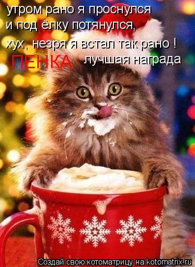 Котоматрица: утром рано я проснулся  и под ёлку потянулся, хух, незря я встал так рано !  лучшая награда ПЕНКА