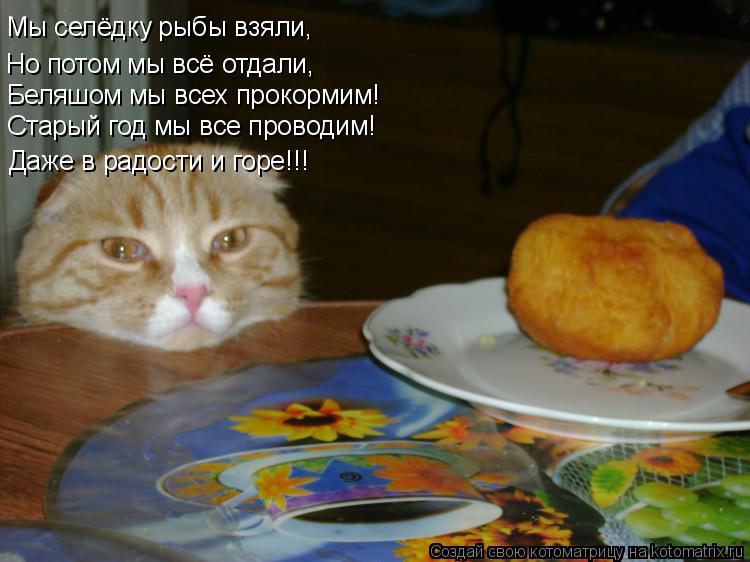 Мы селёдку рыбы взяли, Но потом мы всё отдали, Беляшом мы всех прокормим! Старый год мы все проводим!... Котоматрица: Мы селёдку рыбы взяли, Но потом мы всё отдали, Беляшом мы всех прокормим! Старый год мы все проводим! Даже в радости и горе!!!