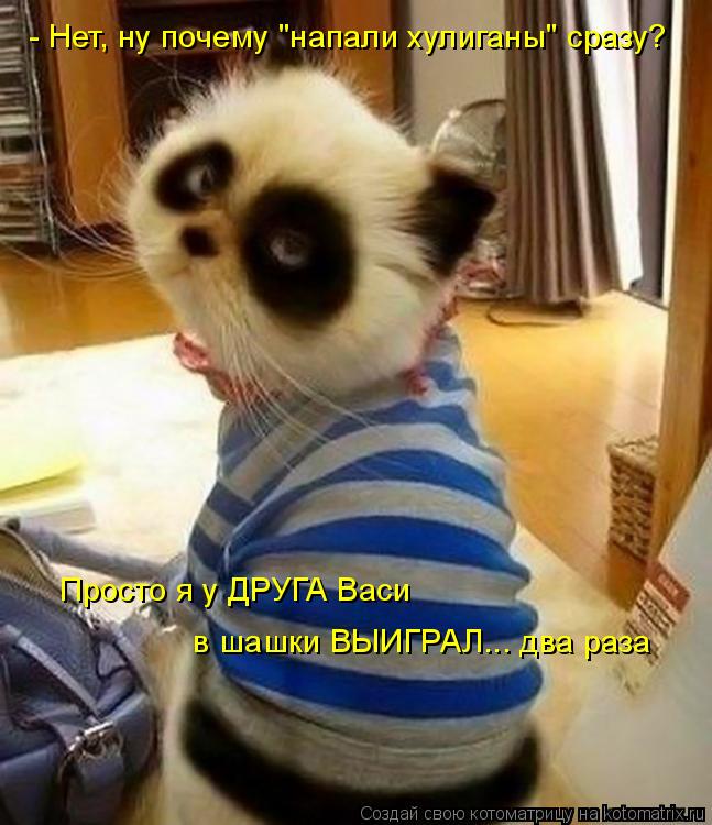 - Нет, ну почему "напали хулиганы" сразу? Просто я у ДРУГА Васи в шашки ВЫИГРАЛ... два раза... Котоматрица: - Нет, ну почему "напали хулиганы" сразу? Просто я у ДРУГА Васи в шашки ВЫИГРАЛ... два раза