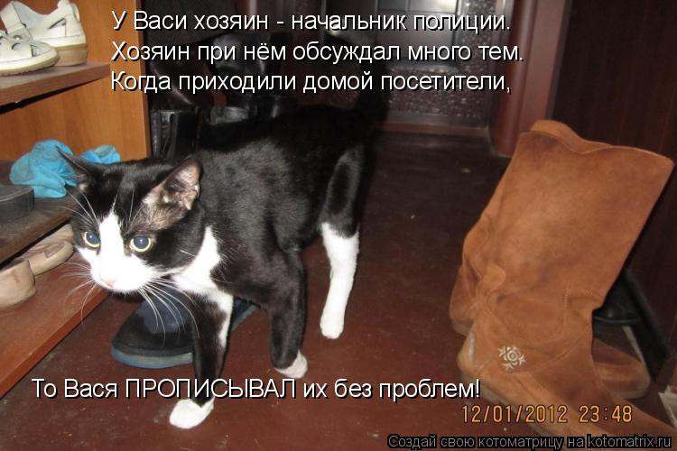 У Васи хозяин - начальник полиции. Хозяин при нём обсуждал много тем. Когда приходили домой посетител... Котоматрица: У Васи хозяин - начальник полиции. Хозяин при нём обсуждал много тем. Когда приходили домой посетители, То Вася ПРОПИСЫВАЛ их без проблем!