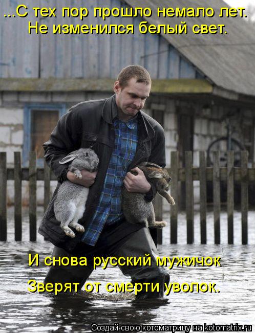 ...С тех пор прошло немало лет. Не изменился белый свет. И снова русский мужичок Зверят от смерти уво... Котоматрица: ...С тех пор прошло немало лет. Не изменился белый свет. И снова русский мужичок Зверят от смерти уволок.