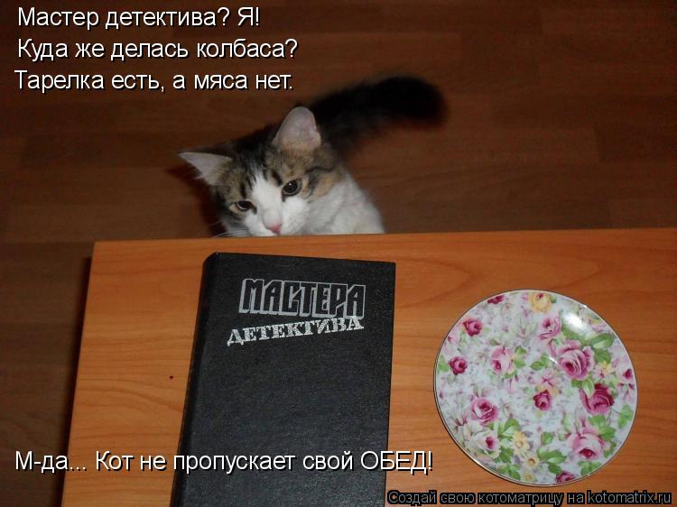 Котоматрица: Мастер детектива? Я! Куда же делась колбаса? Тарелка есть, а мяса нет. М-да... Кот не пропускает свой ОБЕД!