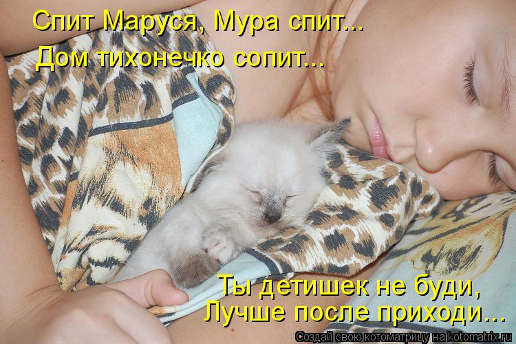 Котоматрица: Спит Маруся, Мура спит... Дом тихонечко сопит... Лучше после приходи... Ты детишек не буди,
