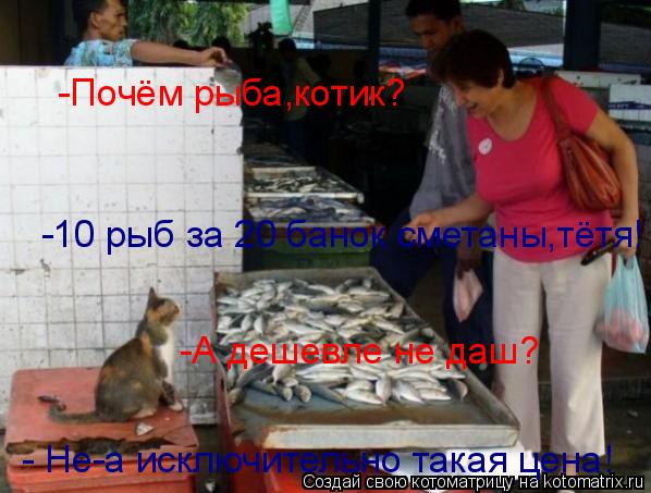 -Почём рыба,котик? -10 рыб за 20 банок сметаны,тётя! -А дешевле не даш? - Не-а исключительно такая це... Котоматрица: -Почём рыба,котик? -10 рыб за 20 банок сметаны,тётя! -А дешевле не даш? - Не-а исключительно такая цена!