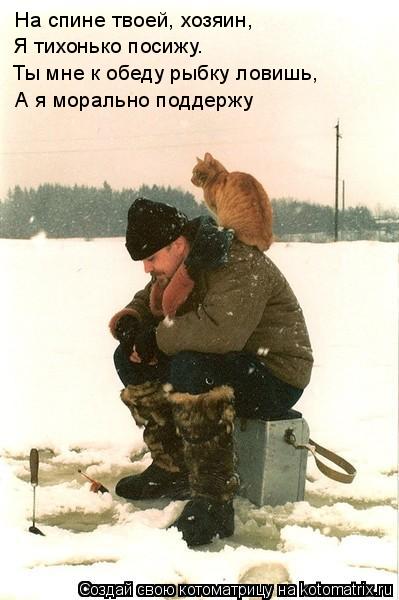 На спине твоей, хозяин, Я тихонько посижу. Ты мне к обеду рыбку ловишь, А я морально поддержу... Котоматрица: На спине твоей, хозяин, Я тихонько посижу. Ты мне к обеду рыбку ловишь, А я морально поддержу