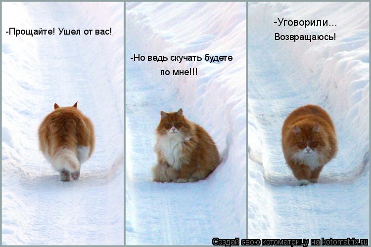-Но ведь скучать будете по мне!!! -Уговорили... -Прощайте! Ушел от вас! Возвращаюсь!... Котоматрица: -Но ведь скучать будете по мне!!! -Уговорили... -Прощайте! Ушел от вас! Возвращаюсь!