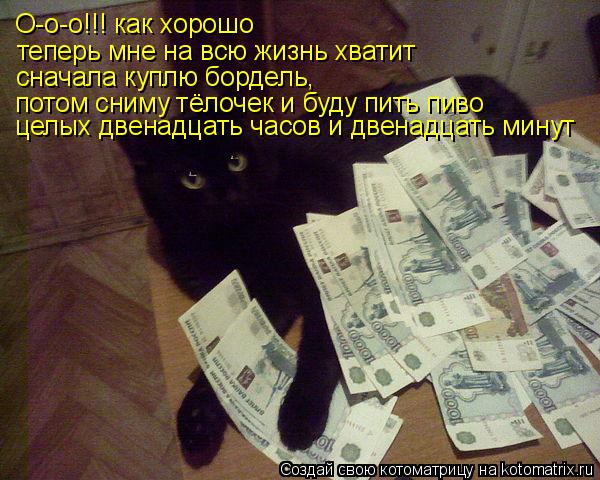 Котоматрица: О-о-о!!! как хорошо теперь мне на всю жизнь хватит сначала куплю бордель, потом сниму тёлочек и буду пить пиво целых двенадцать часов и двенад