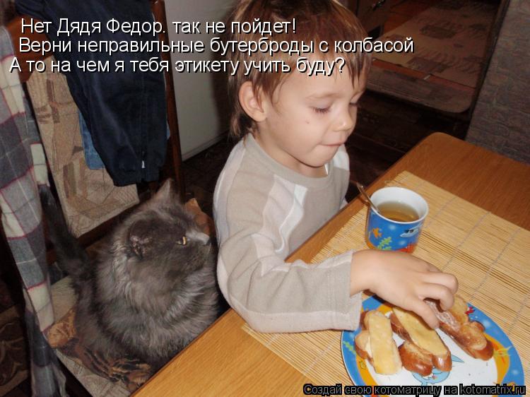 Котоматрица: Нет Дядя Федор. так не пойдет! Верни неправильные бутерброды с колбасой А то на чем я тебя этикету учить буду?