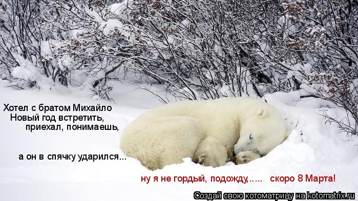 Котоматрица: Хотел с братом Михайло  Новый год встретить, а он в спячку ударился... приехал, понимаешь,  ну я не гордый, подожду,.....   скоро 8 Марта!