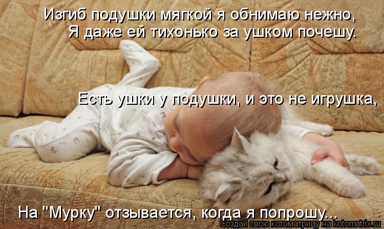 Изгиб подушки мягкой я обнимаю нежно, Я даже ей тихонько за ушком почешу. Есть ушки у подушки, и это... Котоматрица: Изгиб подушки мягкой я обнимаю нежно, Я даже ей тихонько за ушком почешу. Есть ушки у подушки, и это не игрушка, На "Мурку" отзывается, когда