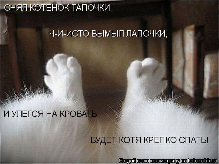 СНЯЛ КОТЕНОК ТАПОЧКИ, Ч-И-ИСТО ВЫМЫЛ ЛАПОЧКИ, И УЛЕГСЯ НА КРОВАТЬ, БУДЕТ КОТЯ КРЕПКО СПАТЬ!... Котоматрица: СНЯЛ КОТЕНОК ТАПОЧКИ, Ч-И-ИСТО ВЫМЫЛ ЛАПОЧКИ, И УЛЕГСЯ НА КРОВАТЬ, БУДЕТ КОТЯ КРЕПКО СПАТЬ!