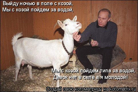Выйду ночью в поле с козой, Мы с козой пойдем за водой, Мы с козой пойдем типа за водой, Девок нет ... Котоматрица: Выйду ночью в поле с козой, Мы с козой пойдем за водой, Мы с козой пойдем типа за водой, Девок нет в селе а я молодой!