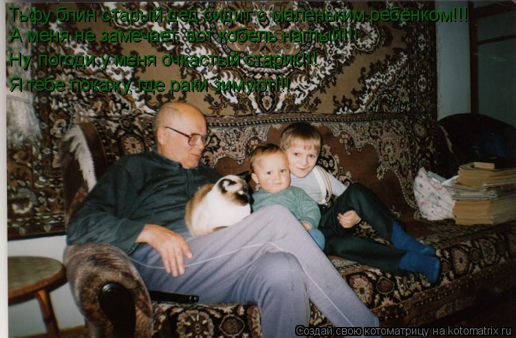 Тьфу блин старый дед сидит с маленьким ребёнком!!! А меня не замечает, вот кобель наглый!!! Ну, погод... Котоматрица: Тьфу блин старый дед сидит с маленьким ребёнком!!! А меня не замечает, вот кобель наглый!!! Ну, погоди у меня очкастый старик!!! Я тебе покажу, г