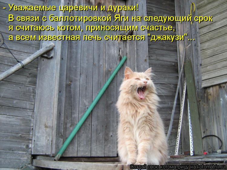 - Уважаемые царевичи и дураки! В связи с баллотировкой Яги на следующий срок я считаюсь котом, принос... Котоматрица: - Уважаемые царевичи и дураки! В связи с баллотировкой Яги на следующий срок я считаюсь котом, приносящим счастье, а всем известная печь счи
