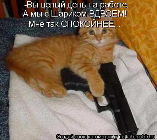 -Вы целый день на работе. А мы с Шариком ВДВОЕМ! Мне так СПОКОЙНЕЕ...... Котоматрица: -Вы целый день на работе. А мы с Шариком ВДВОЕМ! Мне так СПОКОЙНЕЕ...