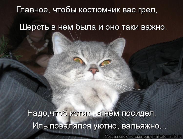 Главное, чтобы костюмчик вас грел, Шерсть в нем была и оно таки важно. Надо,чтоб котик на нём посидел... Котоматрица: Главное, чтобы костюмчик вас грел, Шерсть в нем была и оно таки важно. Надо,чтоб котик на нём посидел, Иль повалялся уютно, вальяжно...