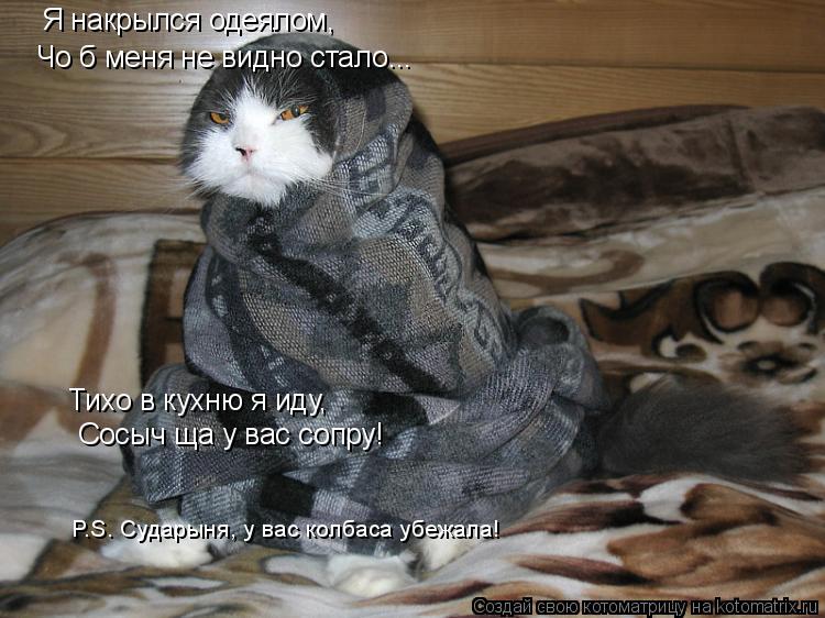 Тихо в кухню я иду, Сосыч ща у вас сопру! Я накрылся одеялом, Чо б меня не видно стало... P.S. Судары... Котоматрица: Тихо в кухню я иду, Сосыч ща у вас сопру! Я накрылся одеялом, Чо б меня не видно стало... P.S. Сударыня, у вас колбаса убежала!