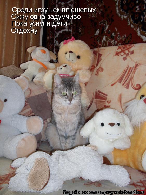 Котоматрица: Среди игрушек плюшевых Сижу одна задумчиво Пока уснули дети Отдохну -