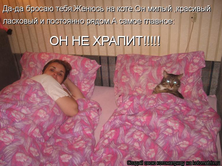 Да-да бросаю тебя.Женюсь на коте.Он милый ,красивый ласковый и постоянно рядом.А самое главное: ОН НЕ... Котоматрица: Да-да бросаю тебя.Женюсь на коте.Он милый ,красивый ласковый и постоянно рядом.А самое главное: ОН НЕ ХРАПИТ!!!!!