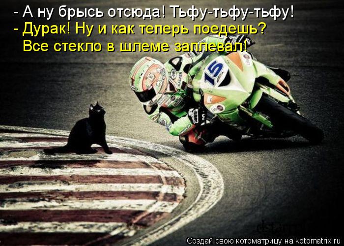 - А ну брысь отсюда! Тьфу-тьфу-тьфу! - Дурак! Ну и как теперь поедешь? Все стекло в шлеме заплевал!... Котоматрица: - А ну брысь отсюда! Тьфу-тьфу-тьфу! - Дурак! Ну и как теперь поедешь? Все стекло в шлеме заплевал!