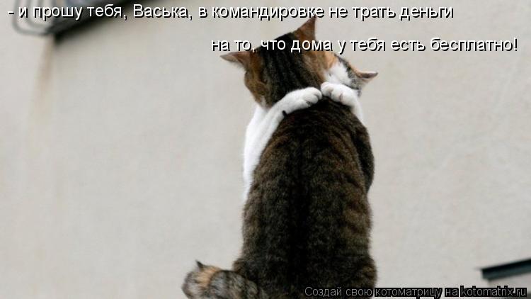 - и прошу тебя, Васька, в командировке не трать деньги на то, что дома у тебя есть бесплатно!... Котоматрица: - и прошу тебя, Васька, в командировке не трать деньги на то, что дома у тебя есть бесплатно!