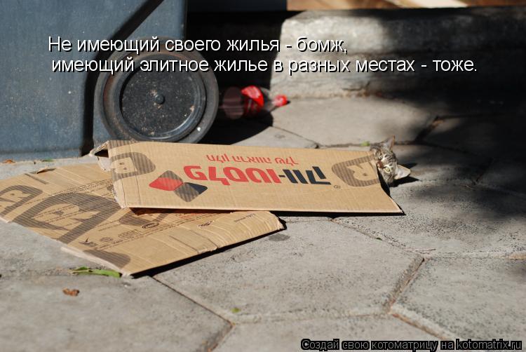 Котоматрица: Не имеющий своего жилья - бомж,  имеющий элитное жилье в разных местах - тоже.