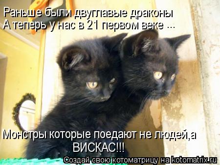 Котоматрица: Раньше были двуглавые драконы  А теперь у нас в 21 первом веке ... Монстры которые поедают не людей,а ВИСКАС!!!