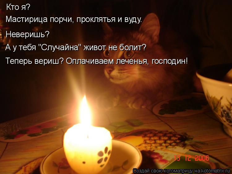 Котоматрица: Кто я? Мастирица порчи, проклятья и вуду. Неверишь? А у тебя "Случайна" живот не болит? Теперь вериш? Оплачиваем леченья, господин!