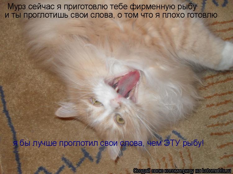 Мурз сейчас я приготовлю тебе фирменную рыбу и ты проглотишь свои слова, о том что я плохо готовлю я ... Котоматрица: Мурз сейчас я приготовлю тебе фирменную рыбу и ты проглотишь свои слова, о том что я плохо готовлю я бы лучше проглотил свои слова, чем ЭТУ р