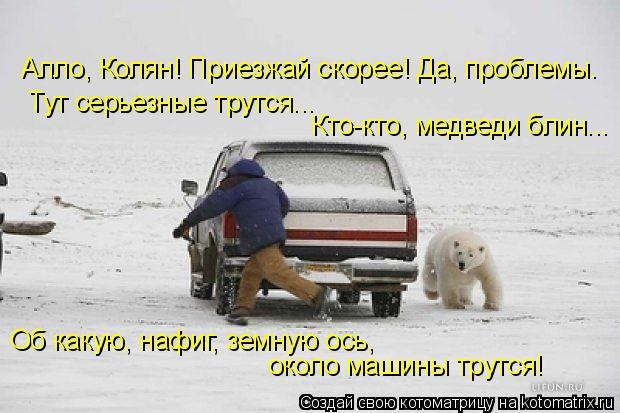 Алло, Колян! Приезжай скорее! Да, проблемы. Тут серьезные трутся... Кто-кто, медведи блин... Об какую... Котоматрица: Алло, Колян! Приезжай скорее! Да, проблемы. Тут серьезные трутся... Кто-кто, медведи блин... Об какую, нафиг, земную ось, около машины трутся!