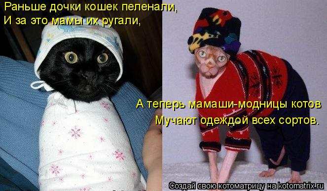 Раньше дочки кошек пеленали, И за это мамы их ругали, А теперь мамаши-модницы котов Мучают одеждой вс... Котоматрица: Раньше дочки кошек пеленали, И за это мамы их ругали, А теперь мамаши-модницы котов Мучают одеждой всех сортов.